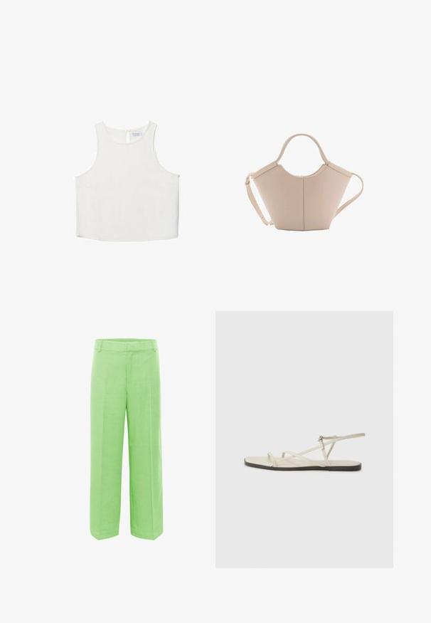 Biała bezrękawnik z okrągłym dekoltem, z delikatną teksturą, z tylnym wycięciem w kształcie klucza oraz prostym wykończeniem dołu.; Zielone spodnie o szerokich nogawkach, wykonane z teksturowanej tkaniny, z prostym krojem, płaskim paskiem w talii oraz bez widocznych zapięć i kieszeni.; Beżowe płaskie sandały z wieloma cienkimi paskami i regulowanym zapięciem. Podeszwa jest płaska z delikatnym ciemnym kontrastem na krawędzi.; Beżowa skórzana torebka o unikalnym kształcie, z dwoma krótkimi uchwytami i długim, regulowanym paskiem. Gładka tekstura z minimalną ilością elementów metalowych.
