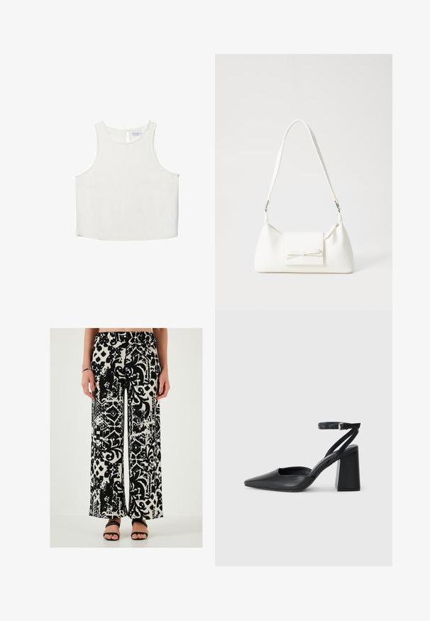 Bijela bezrukavna majica s okruglim izrezom, koja ima suptilnu teksturu, detalj u obliku ključa na leđima i ravni rub.; Pantalone širokih nogavica s crno-bijelim uzorkom, elastikim pojasom i teksturiranom tkaninom, s apstraktnim dizajnom i životinjskim uzorcima.; Crne kožne cipele s špicastim vrhom, remenom oko gležnja i debelim potplatom. Ravna tekstura, elegantan dizajn i minimalistička estetika.; Bijela sintetička torbica s trokutastim oblikom, ravnim prednjim poklopcem i detaljem u obliku mašne, podesivom remenom, glatkom teksturom i minimalističkim dizajnom.