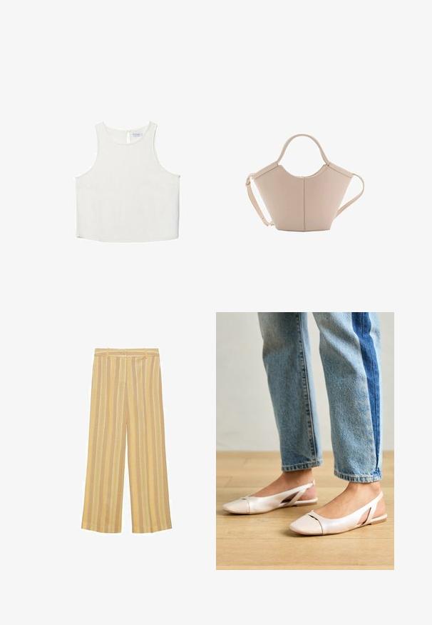 Biała bezrękawnik z okrągłym dekoltem, z delikatną teksturą, z tylnym wycięciem w kształcie klucza oraz prostym wykończeniem dołu.; Żółte szerokie spodnie w paski z teksturowanej tkaniny, z pionowymi paskami o różnych szerokościach i zapięciem na guzik w talii.; Jasnoróżowe baleriny na odkrytej pięcie z wąskim noskiem, wykonane z gładkiego materiału imitującego skórę. Posiadają wycięcia po bokach oraz płaski obcas.; Beżowa skórzana torebka o unikalnym kształcie, z dwoma krótkimi uchwytami i długim, regulowanym paskiem. Gładka tekstura z minimalną ilością elementów metalowych.