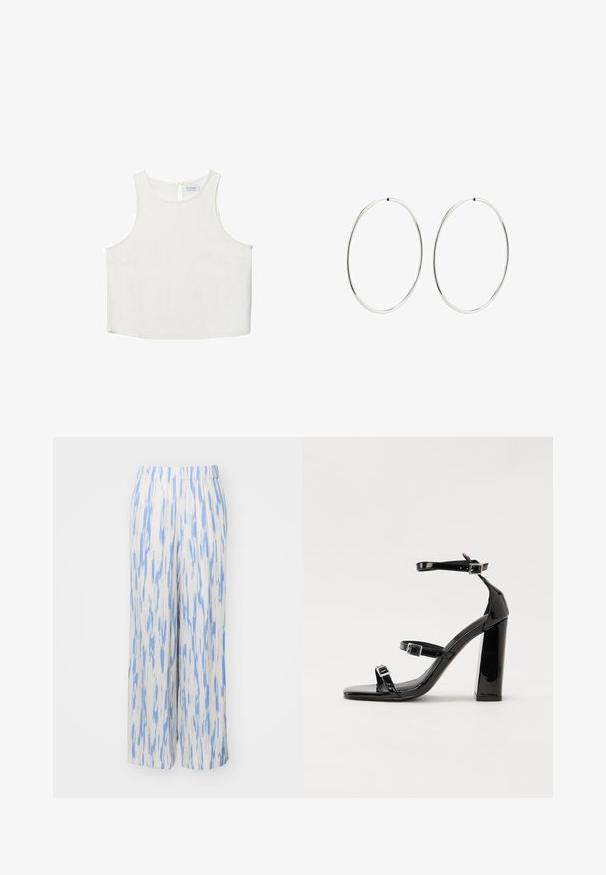 Weißes ärmelloses Oberteil mit rundem Halsausschnitt, das über eine subtile Textur, ein Schlüsselaugen-Rückendetail und einen geraden Saum verfügt.; Leichte, weit geschnittene Hosen aus einem weißen Stoff mit blauen abstrakten Mustern. Sie verfügen über einen elastischen Bund für Komfort und einfachen Tragekomfort.; Schwarze patentierte Sandalen mit Absatz, quadratischer Spitze, Knöchelriemen und silbernen Schnallen. Mit einem stabilen Blockabsatz für mehr Stabilität.; Silberne Creolen mit einem glatten, runden Design und einer polierten Oberfläche. Sie sind dünn und leicht und verfügen über einen einfachen Verschluss.