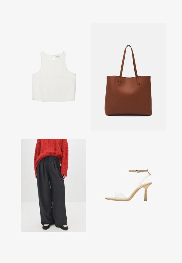 Hvid ærmeløs top med rund halsudskæring, der har en subtil tekstur, nøglehulsbagdetalje og lige kant.; Rød kabelstriktrøje kombineret med høj talje, mørkegrå brede bukser og sorte flade sko med cremefarvede detaljer. Tekstureret strik og frynser synlige.; Klart hælet sandal med en gennemsigtig overdel, beige fodseng og en slank ankelrem. Har en spids tå og en tynd høj hæl.; Brun læder tote taske med en glat overflade, åben topdesign og to skulderremme. Har minimal syning og ingen synlig hardware.