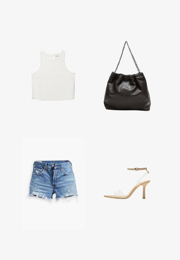 Bela brezrokavna majica z okroglim dekoltejem, ki se ponaša z diskretno teksturo, detajlom ključavnice na hrbtu in ravnim robom.; Svjetloplave traper šortse s razderanim rubovima, visokim strukom, kopčanjem na dugme i dva prednja džepa; istrošeni detalji dodaju teksturu.; Sandal z jasnim petnikom s prozornim zgornjim delom, bež podplatom in sivim trakcem okoli gležnja. Ima koničast nos in tanek visoki petek.; Rjava usnjena torba z nabranim vrhom in verižnim trakom. Gladka tekstura z sijajno površino in subtilnimi šivi na straneh.