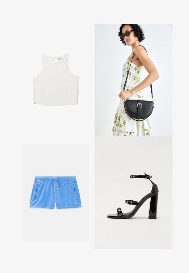 Vit ärmlös topp med rundad halsringning, featuring en subtil textur, detalj med nyckelhål i ryggen och rak nederkant.; Ljusblå velourshorts med elastisk midja, dragsko och två sidogepockets med dragkedja. Har en liten broderad logotyp på låret.; Svarta lackerade högklackade sandaler med två spännband, fyrkantig tå och en tjock klack, med en slät och glansig yta.; Svart läderhandväska med en böjd form, avtagbar rem och guldiga detaljer. Väskan har ett lock med en spänndetalj.