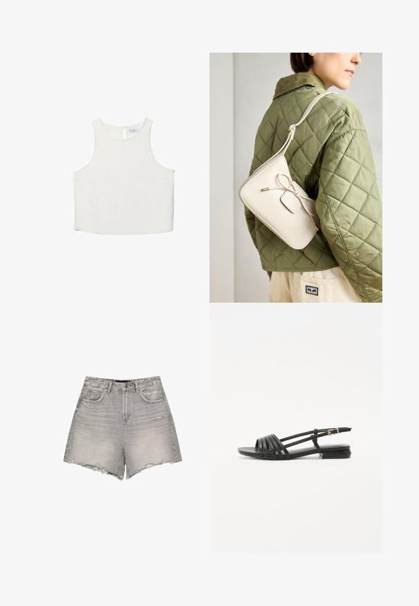 Biele bezrukávové tričko s okrúhlym výstrihom, ktoré má jemnú textúru, detail s kľúčovou dierkou na chrbte a rovný lem.; Sivé džínsové šortky s vysokým pásom, rozstrapkaným lemom, jemným opotrebovaním a klasickým piatym vreckovým dizajnom.; Čierne ploché sandále so šnurovacím dizajnom, obsahujúce viaceré kožené pásiky a tenký remienok na členku. Podrážka je plochá a obdĺžniková.; Bežová kožená crossbody taška s detailom mašle, zlatým kovaním a jedným nastaviteľným popruhom, nosená cez zelenú prešívanú bundu.