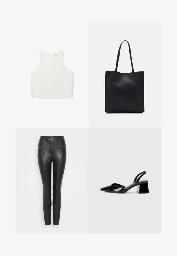 Vit ärmlös topp med rundad halsringning, featuring en subtil textur, detalj med nyckelhål i ryggen och rak nederkant.; Svarta läderbyxor med slim fit, med vertikala sömmar, en dragkedjeförsedd ficka på varje sida och en knappstängning i midjan.; Svarta lackläder slingback klackar med spetsig tå och geometrisk klack. Har en elegant, minimalistisk design och slät yta.; Svart lädertoffelväska med slät textur, rektangulär form och två långa handtag. Ingen synlig hårdvara eller dekorationer.