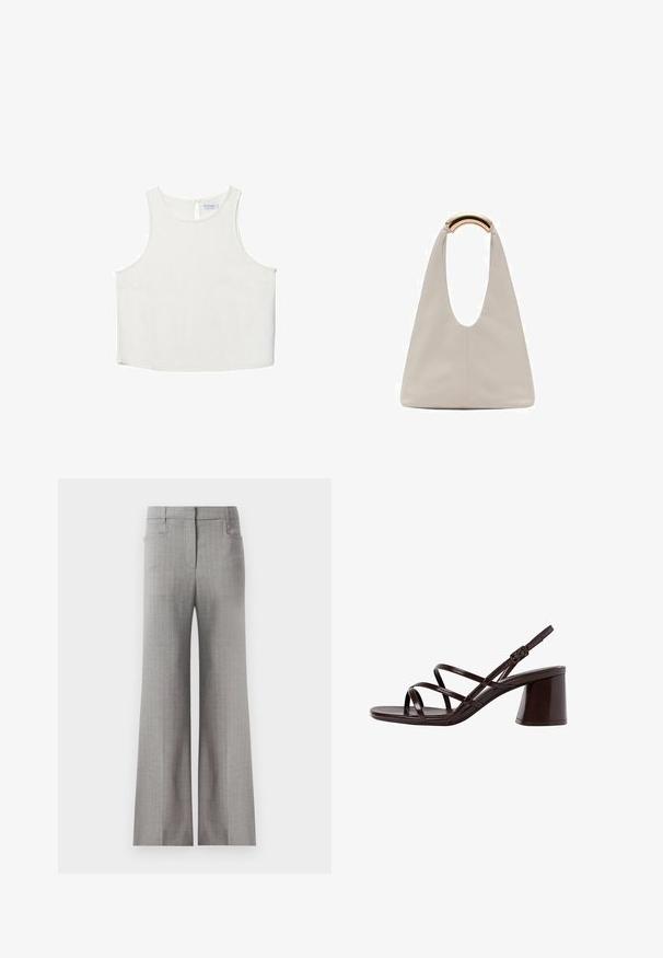 Vit ärmlös topp med rundad halsringning, featuring en subtil textur, detalj med nyckelhål i ryggen och rak nederkant.; Ljusgrå vida byxor med ett randigt mönster, med en skräddarsydd midja och två sidofickor. Slät tygtextur.; Brun rem sandal med hög klack och kraftig klack, med en slät, glänsande yta och flera korsande remmar på övre delen.; Ljusgrå läderväska med en U-formad design och ett böjt metallhandtag. Slät textur med minimal sömnad och inga synliga mönster.
