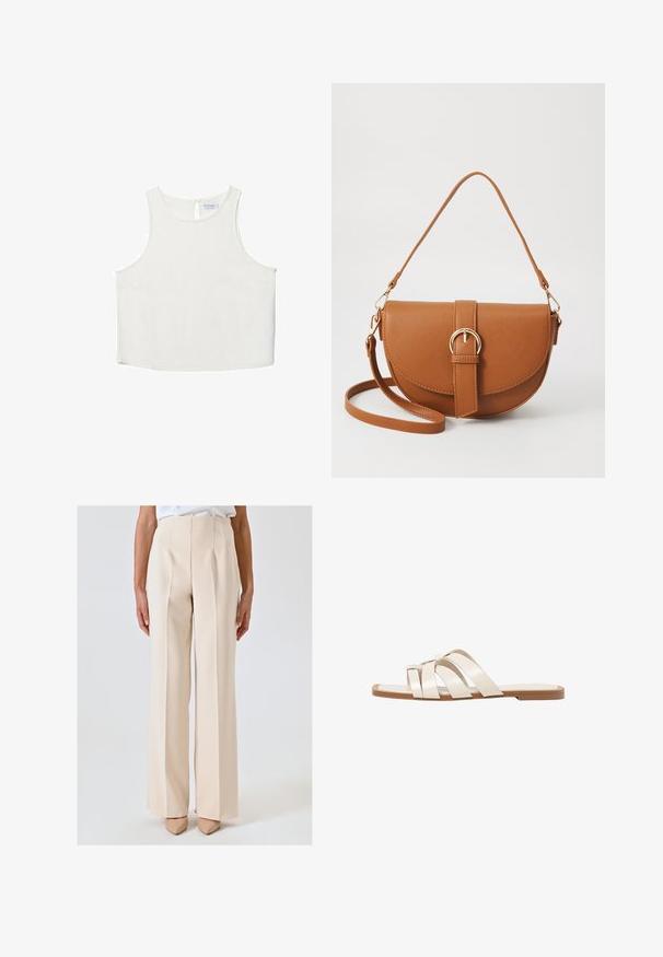 Biała bezrękawnik z okrągłym dekoltem, z delikatną teksturą, z tylnym wycięciem w kształcie klucza oraz prostym wykończeniem dołu.; Beżowe, wysokie spodnie o prostym kroju, z wyraźnymi plisami i gładką fakturą. W połączeniu z cielistymi szpilkami o spiczastym nosku.; Płaskie sandały z brązową gumową podeszwą, zaprojektowane z trzema nakładającymi się na siebie białymi skórzanymi paskami i małym detalem w postaci kokardy na środku.; Brązowa skórzana torba na ramię o zaokrąglonym kształcie, ze złotymi akcentami i zapięciem w formie klamry. Posiada odpinany pasek na ramię.