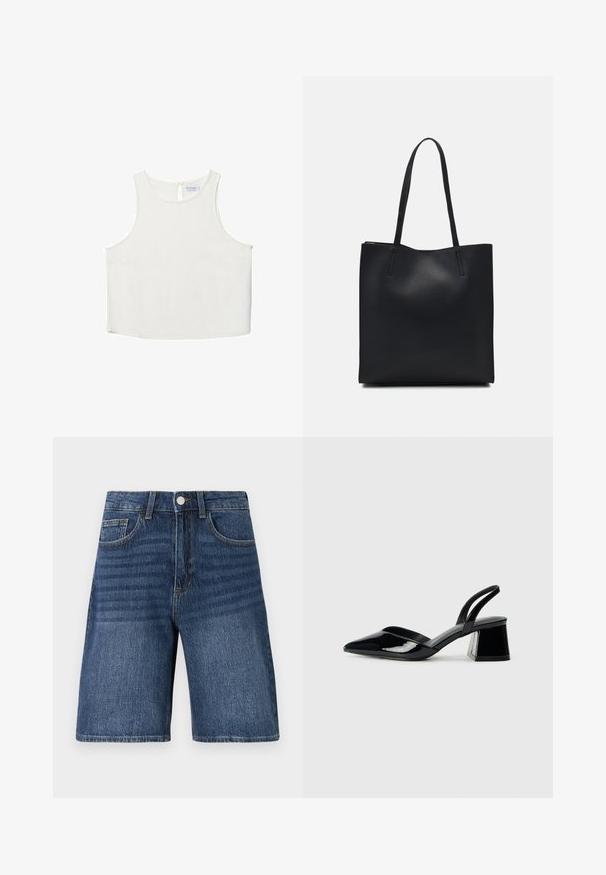 Bílý bezrukávový top s kulatým výstřihem, který má jemnou texturu, detaily v oblasti zad ve tvaru klíčové dírky a rovný lem.; Džínové šortky ve tmavě modré s klasikou pěti kapsami, rovný střih, viditelné švy a přední zapínání na knoflík.; Černé lakované kožené lodičky na pásku s špičatou špičkou a geometrickým blokovým podpatkem. Vyznačují se elegantním, minimalistickým designem a hladkým povrchem.; Černá kožená taška přes rameno s hladkým povrchem, obdélníkovým tvarem a dvěma dlouhými uchy. Žádné viditelné kování ani ozdoby.