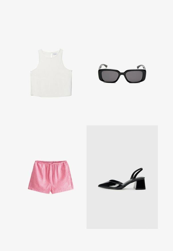 Bijela bezrukavna majica s okruglim izrezom, koja ima suptilnu teksturu, detalj u obliku ključa na leđima i ravni rub.; Next TEXTURED STRIPE TIE WAIST REGULAR FIT - Kratke hlače - pink; Crne lakirane kožne sandale s otvorenom petom i špicastim vrhom, s geometrijskom blok petom. Imaju elegantan, minimalistički dizajn i glatku teksturu.; Crne pravokutne sunčane naočale s tamnim lećama, glatkim plastičnim okvirom i zakrivljenim državama. Dizajn je masivan s minimalističkom estetikom.