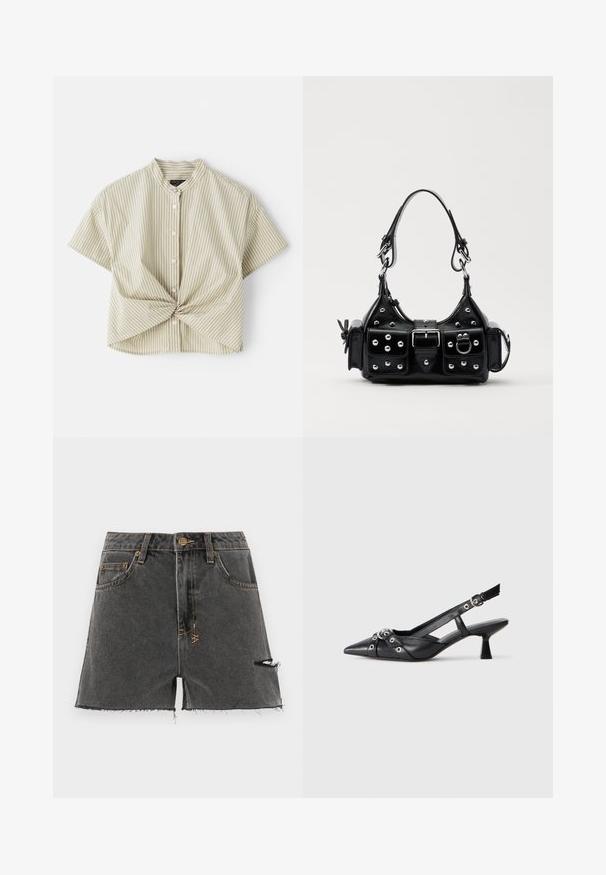 Bluzica s kratkim rukavima i kragnom u svijetlozelenoj boji s bijelim vertikalnim prugama; sadrži zavrtanje sprijeda i zatvaranje na dugme. Glatka tekstura materijala.; Traperice kratke hlače u tamno sivoj boji s rastrganim rubom, izlizanim detaljima i kontrastnim žutim šavovima. Ima tradicionalne džepove i prednje dugme.; Crne kožne cipele s remenom oko pete, s izduženim vrhom, dekorativnim trakama s metalnim rupama i niskom blok petom. Teksturirana površina.; Crna kožna torba s zakrivljenim dizajnom, koja sadrži srebrne zakovice, kopču i dva bočna džepa. Podesiva traka za različite opcije nošenja.