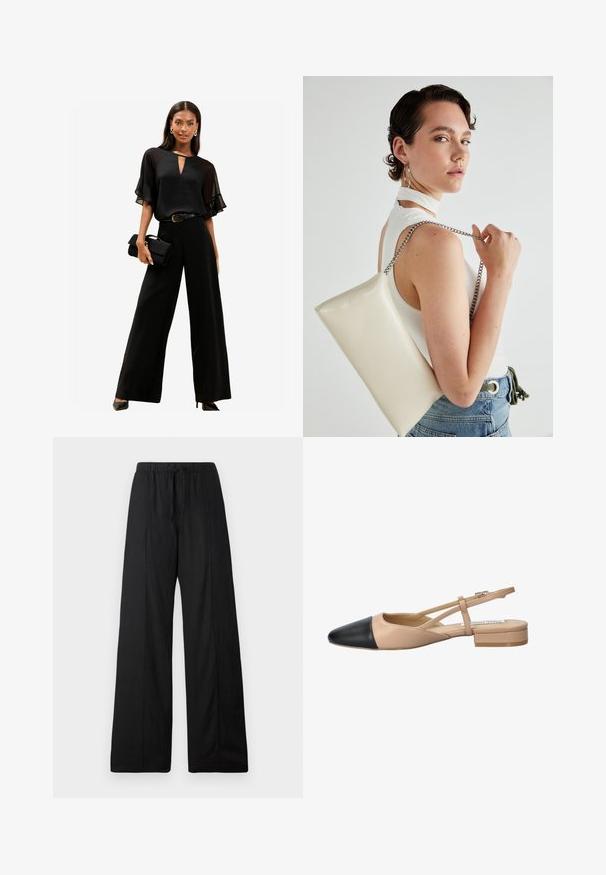 Lipsy REGULAR FIT - RUFFLE SHEER SLEEVE - Blūze - black; Melnas platās bikses, izgatavotas no viegla auduma. Ar elastīgu jostu un auklu. Vienkāršs, minimālistisks dizains bez rakstiem.; Beidzējais un melns divu tonā sūkņis ar norāvu, ar norādītu pirkstu, plakanu papēdi un krustojuma siksnu detaļu. Gluda ādas tekstūra.; Balts taisnstūra clutch soma, izgatavota no spīdīga materiāla, ar sudraba ķēdes siksnu. Modelis pozē, demonstrējot somu uz vienkārša fona.