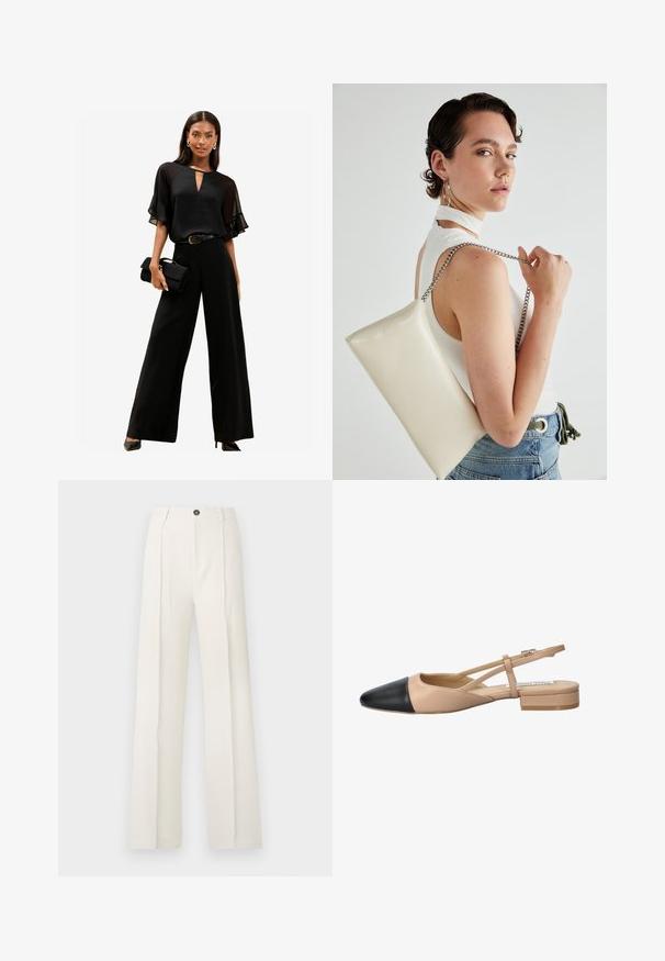 Lipsy REGULAR FIT - RUFFLE SHEER SLEEVE - Bluza - black; Bela široka hlače z visokim pasom, ki imajo dva sprednja pregiba, en gumb za zapiranje in žepe. Gladka tekstura tkanine.; Bežna in črna dvobarvna slingback čevlja s koničastim noskom, ravnim peto in križno zasnovo traku. Gladka usnjena tekstura.; Bela pravokotna torbica za ključe iz sijajnega materiala, opremljena s srebrno verižico. Model pozira in prikazuje torbico na enobarvni podlagi.