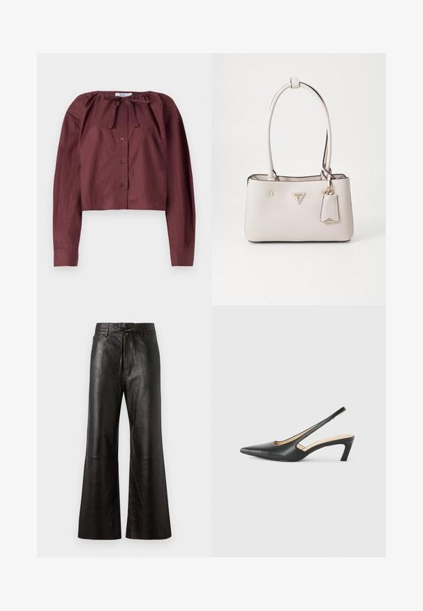 Bordeauxfarbenes, kurzes Blusenshirt aus leichtem Stoff mit einem Bindekragen, langen Ärmeln und einer Knopfleiste vorne. Glatte Textur mit minimalen Details.; Schwarze Lederhosen mit einem weiten Beinansatz, flachem Vorderteil und gebundenem Taillenbund. Sie verfügen über detaillierte Nähte und einen minimalistischen Stil.; Schwarzer spitz zulaufender Slingback-Schuh mit niedrigem Absatz, der aus glattem Leder gefertigt ist und seitliche Ausschnitte für Atmungsaktivität aufweist.; Beige Handtasche aus Kunstleder mit glatter Textur, doppelten Schulterriemen, goldenen Beschlägen, Logo-Plakette und einem angehängten Etikett.