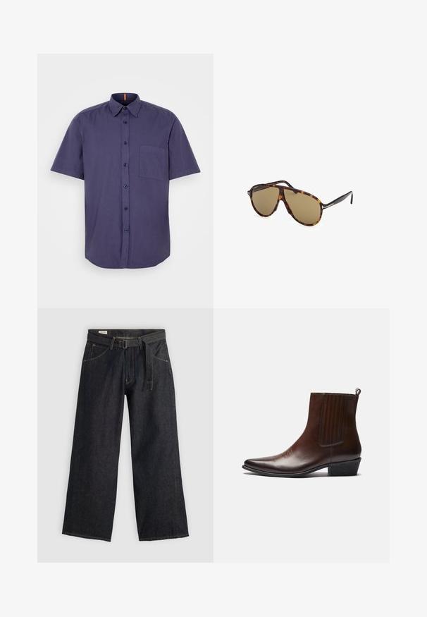Short-sleeve, navy blue button-up shirt made of cotton, featuring a chest pocket and a curved hem. Has dark buttons and a collar.; Dark denim wide-leg pants with a belted waist, featuring front pockets and contrasting stitching. Smooth texture with a clean design.; Brown leather ankle boot with a pointed toe, elastic side panels, textured detailing on the front, and a low stacked heel.; Tortoiseshell sunglasses with brown lenses, aviator style, featuring a sleek frame design and metallic accents on the temples.