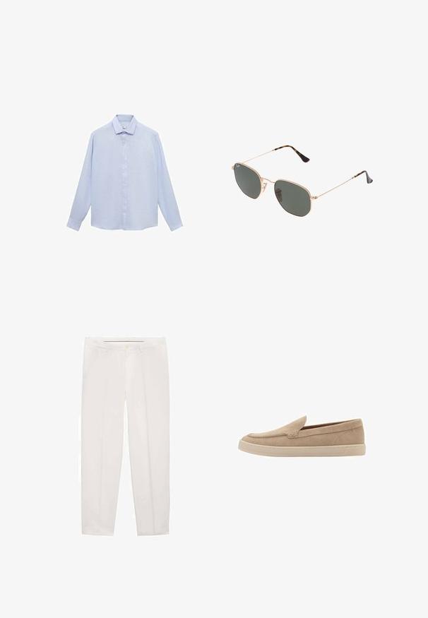 Lyseblå langærmet skjorte i et glat stof, med klassisk krave, fuld knaplukning og rundet søm med knapærmer.; Hvide bukser lavet af glat stof, med lige ben, forlommer og en enkelt knaplukning i taljen.; Beige ruskinds slip-on sko med en rund tå og syning detaljer. Lysfarvet gummisål med et lavprofileret design.; Guldmetallisk brille med mørkegrønne linser, aviator-stil, med slanke arme og skildpadde-mønstrede detaljer på spidserne.