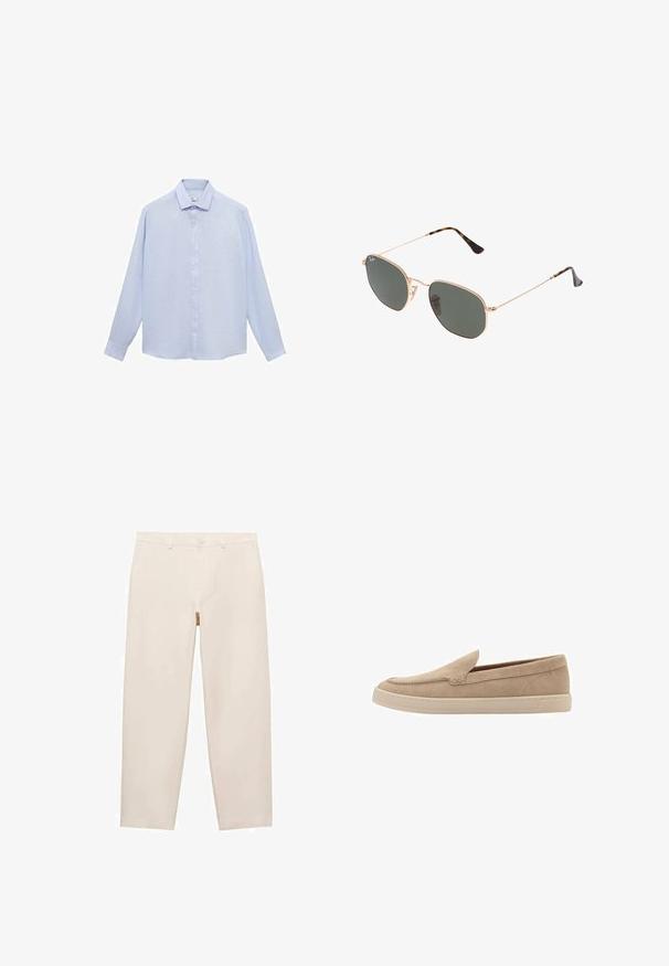 Svetle modrá košile s dlouhým rukávem z hladké tkaniny, s klasickým límcem, plně zapínací na knoflíky a zaobleným lemem s manžetami na knoflíky.; Béžové kalhoty rovného střihu vyrobené z měkké látky, s poutky na opasek, zipovým zapínáním a dvěma bočními kapsami. Čistý, minimalistický design.; Béžová semišová nazouvací bota s kulatou špičkou a prošívanými detaily. Světle barevná gumová podrážka s nízkým profilem.; Sluneční brýle s kovovým zlatým rámem a tmavě zelenými skly, styl aviatorek, s úzkými obroučkami a želvovinovými akcenty na špičkách.