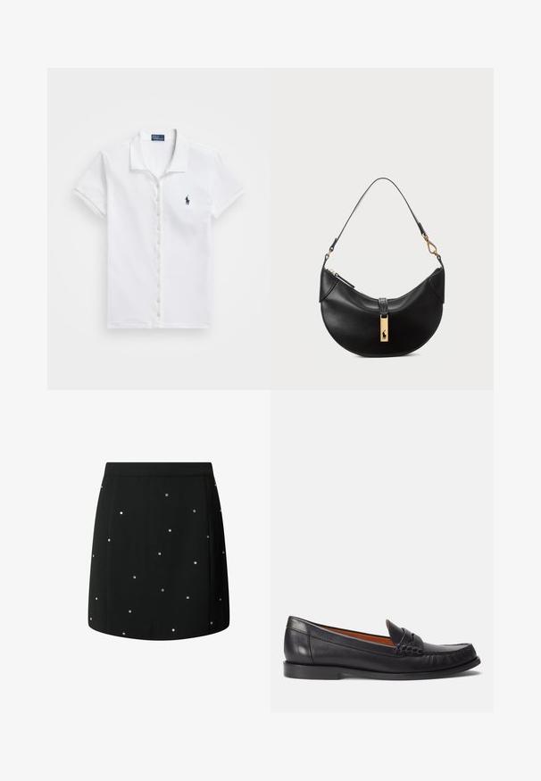Valkoinen lyhythihainen polo-paita, joka on valmistettu puuvillasta. Paitassa on nappilista ja pieni sininen logo vasemmassa rinnassa.; Mustat hameet, jotka on valmistettu sileästä kankaasta, jossa on ripoteltuna hopeisia niittejä koristeena. Suora leikkaus ja siisti helma.; Polo Ralph Lauren CALFSKIN PENNY LOAFER - Loaferit/pistokkaat - black; Musta nahkalaukku puolikuun muotoisena. Varustettu kultaisilla yksityiskohdilla ja kapealla hihnalla. Tasainen pinta, vetoketjukiinnitys ylhäällä.