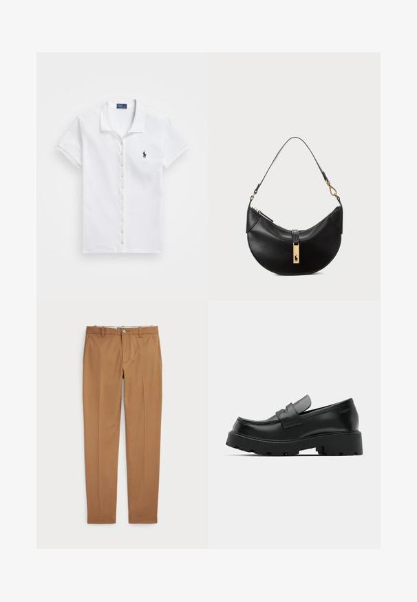 Baltā īsās piedurkņu polo krekls, izgatavots no kokvilnas, ar pogu priekšā un nelielu zilu logo kreisajā krūtī.; Brūni kokvilnas bikses ar šauru piegriezumu, plakanu priekšpusi un standarta kabatām; gluda tekstūra un apšūti manšetes.; Melni ādas loafers ar masīvu teksturētu zoli, ar siksniņu pār vampu un gludu, spīdīgu apdari.; Melnas ādas rokas soma pusmēness formas. Iezīmē zelta metāla akcentus un šauru siksniņu. Gluda tekstūra, rāvējslēdzēja aizdare augšpusē.