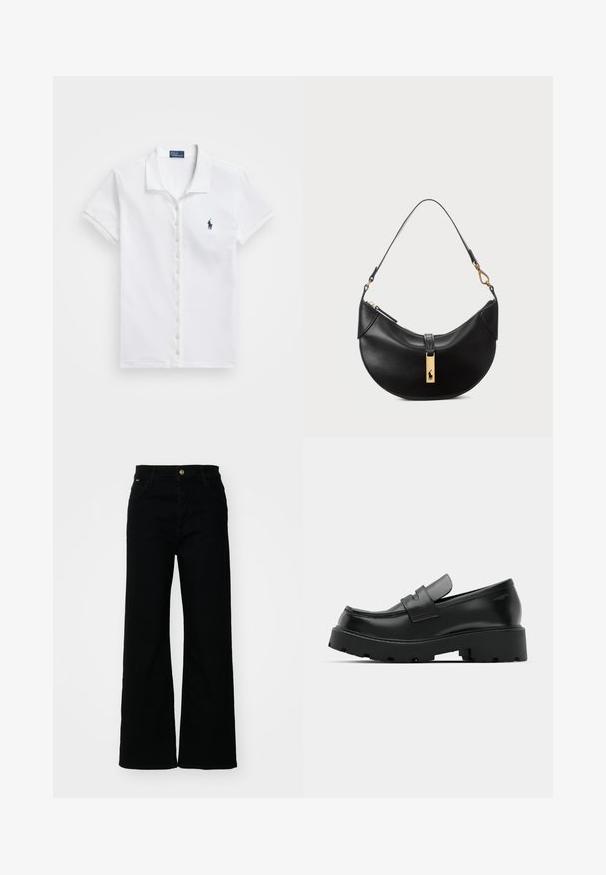 Baltā īsās piedurkņu polo krekls, izgatavots no kokvilnas, ar pogu priekšā un nelielu zilu logo kreisajā krūtī.; Melni plataji džinsi, kas izgatavoti no denim, ar priekšējo pogu un rāvējslēdzēju, jostas cilpiņām un divām sānu kabatām.; Melni ādas loafers ar masīvu teksturētu zoli, ar siksniņu pār vampu un gludu, spīdīgu apdari.; Melnas ādas rokas soma pusmēness formas. Iezīmē zelta metāla akcentus un šauru siksniņu. Gluda tekstūra, rāvējslēdzēja aizdare augšpusē.