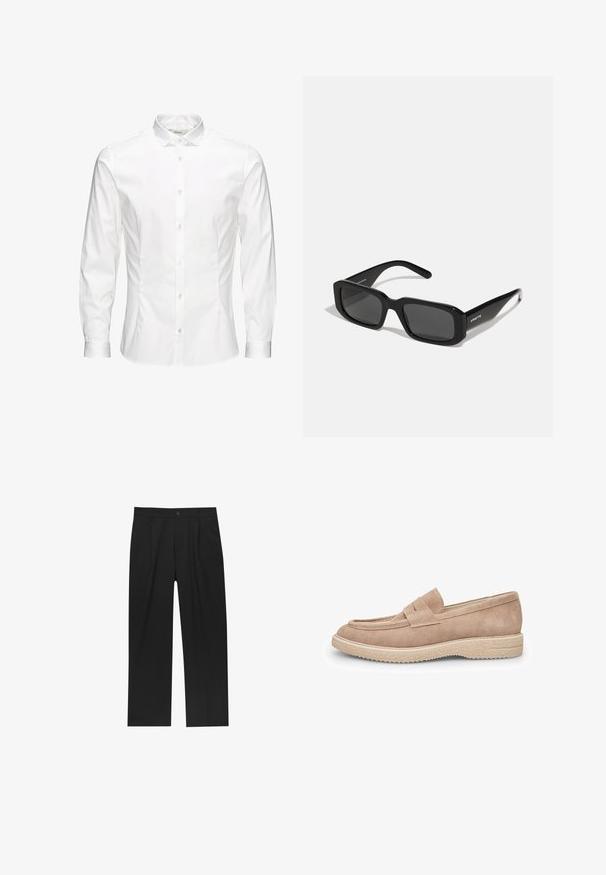 Witte langesleeve overhemd met knopen, gemaakt van een gladde stof. Kenmerkt zich door een klassieke kraag, voor knopen en manchetten met één knoop. Slim fit ontwerp.; Zwarte broeken met een recht model, gemaakt van een gladde stof. Voorzien van een voorplooien en een enkele knoopsluiting bij de taille.; Lichtbeige suède instapper met een ronde neus, decoratieve bovenband en een gestructureerde rubberen zool voor grip.; Arnette THEKIDD UNISEX - Zonnebril - black