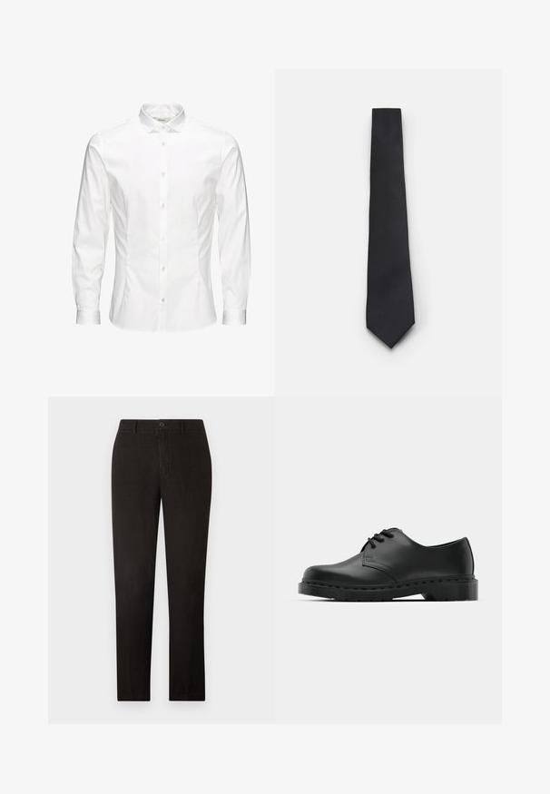 White long-sleeve button-up shirt made of smooth fabric. Features a classic collar, front buttons, and single-button cuffs. Slim fit design.; 120% Lino MEN PANT - Trousers - black; Black leather oxford shoe with lace-up design, rounded toe, flat rubber sole, and subtle stitching detail along the upper.; Narrow black tie with a textured, diagonal ribbed pattern. Features a pointed tip and a smooth finish. Suitable for formal wear.