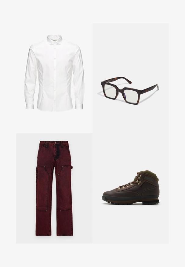 Valge pikkade varrukatega nööbiga särk, mis on valmistatud siledast kangast. Omab klassikalist kraed, esipaneeli nuppe ja ühe nööbiga mansette. Kitsas lõige.; Punased kaubapüksid tekstureeritud viimistlusega, millel on suured eesmine taskud, metallist detailid ja lõdva sirge jalaga disain.; Pruun nahkne matkaking, mille pealmine osa on roheline kangas. Omab metallist paelaklemme, kummist tallat ja tekstureeritud tallaga, mis tagab haardumise.; Ruudukujulised päikeseprillid, millel on kilpkonnamustri atsetaadist raam ja selged läätsed. Omavad laiu tempelmeid ja mati viimistluse, mis suurendab üldist vastupidavust.