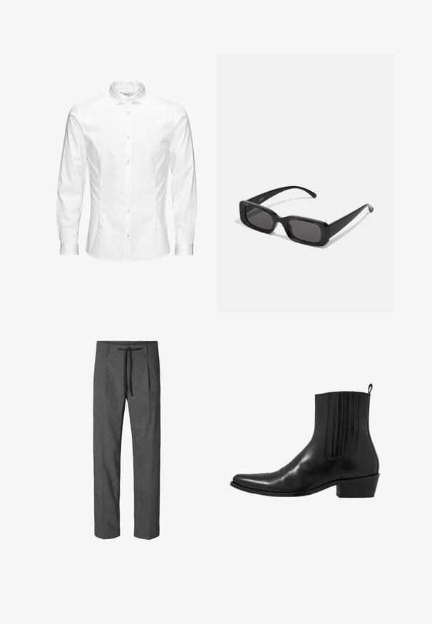 Camisa blanca de manga larga con botones, hecha de una tela suave. Presenta un cuello clásico, botones frontales y puños con un solo botón. Diseño ajustado.; Pantalones grises a medida con un patrón texturizado, que cuenta con una cintura con cordón y dos bolsillos laterales. Diseño de pierna recta, sin puños.; Bota de cuero negro hasta el tobillo con punta afilada, paneles laterales elásticos, acentos de costura vertical y un tacón bajo y cuadrado.; Gafas de sol rectangulares negras con lentes oscuros, acabado brillante, patillas anchas y un diseño de marco robusto. Nombre de la marca grabado en una de las patillas.; Corbata de seda burdeos, de forma estrecha y con una textura lisa. Presenta una punta afilada, un color uniforme y un acabado suave.