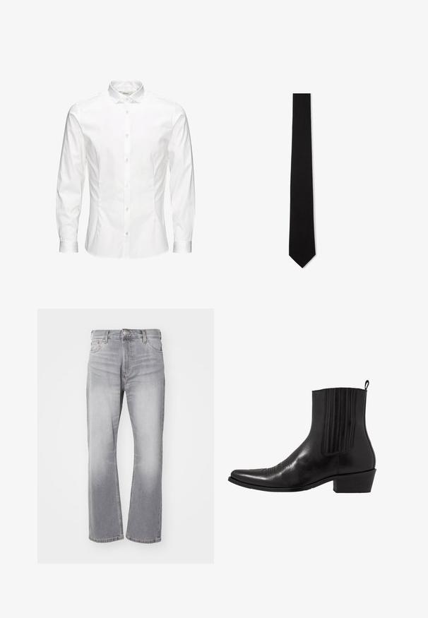 Weißes langärmeliges Hemd mit Knopfleiste aus glattem Stoff. Verfügt über einen klassischen Kragen, eine durchgehende Knopfleiste und Ein-Knopf-Manschetten. Figurbetonter Schnitt.; Graue Jeans aus Denim mit geradem Bein, subtilen Verwaschungen und klassischem Fünf-Taschen-Design. Mit einem Knopf- und Reißverschluss ausgestattet.; Schwarze Leder- ankle boot mit spitzem Zehenbereich, elastischen Seitenpaneelen, vertikalen Steppnähten und einem niedrigen Blockabsatz.; Schwarze Seidenkrawatte mit schmalem Design, glatter Textur und spitzem Ende. Hat keine sichtbaren Muster oder Verzierungen.