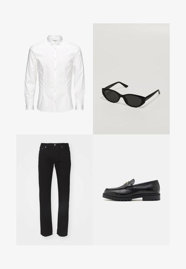 Hvid langærmet skjorte med knapper lavet af glat stof. Har en klassisk krave, frontknapper og manchetter med en enkelt knap. Slim fit design.; Sorte denimjeans med lige ben, fem-lomme design og metalknaplukning i taljen. Glat tekstur, ingen synlige mønstre.; Sorte læder loafers med en glat finish, rund tå, en dekorativ rem med guldhardware og en robust sort sål.; Sorte solbriller med en smal, katteøjeform. Fremstillet af glat plast, med mørke linser og diskrete logo accenter på stængerne.