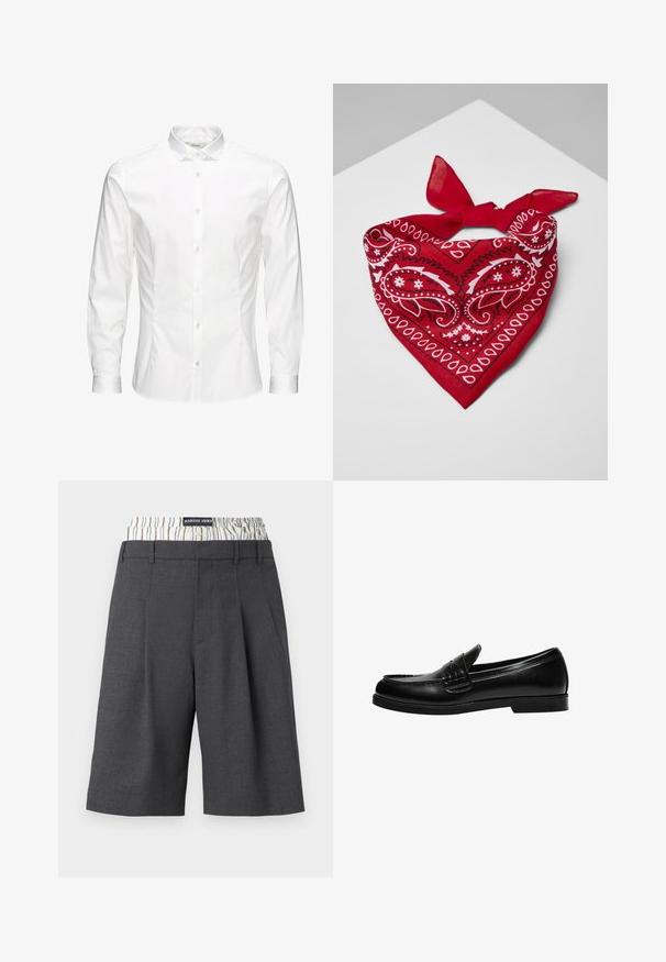 Vit långärmad skjorta med knappar gjord av mjukt tyg. Har en klassisk krage, framknappar och ärmändar med en knapp. Slim fit-design.; Grå skräddarsydda bermudashorts med veckdesign, med en kontrasterande randig midjeband. Tillverkade av ett texturerat tyg.; Svart läderloafer med en slät yta, med en sömdetalj på ovansidan och en låg, solid svart gummisula.; Röd bomullsbandskydd med paisleymönster i vitt, med en triangulär form och en framträdande knut knuten på toppen.