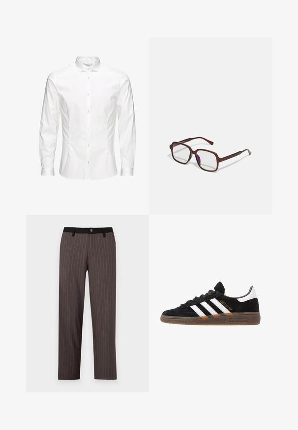 Weißes langärmeliges Hemd mit Knopfleiste aus glattem Stoff. Verfügt über einen klassischen Kragen, eine durchgehende Knopfleiste und Ein-Knopf-Manschetten. Figurbetonter Schnitt.; Dunkelgraue Hosen mit vertikalen weißen Streifen, versehen mit einem schwarzen Bund und Knopfverschluss. Gerades Bein Design, glatte Textur.; Schwarzer Adidas Sneaker mit weißen Streifen, goldenem "Spezial"-Text, Gummisohle und weißem Fersenbereich, seitliche Ansicht.; Braune, rechteckige Brille mit transparenten Gläsern und lila Tönungen. Glatter Kunststoffrahmen mit geraden Bügeln und dezenten Akzenten.