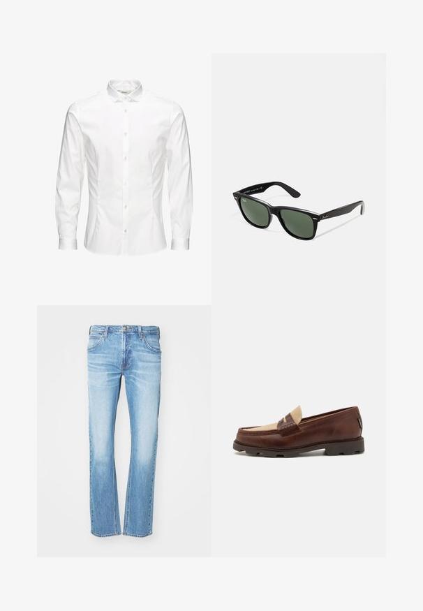 Valge pikkade varrukatega nööbiga särk, mis on valmistatud siledast kangast. Omab klassikalist kraed, esipaneeli nuppe ja ühe nööbiga mansette. Kitsas lõige.; Heledad sinise denim'iga teksad sirge sääre disainiga, viie taskuga, nööbiga sulgemine ja õrn pleekimine reite piirkonnas.; Pruunist nahast loaferid taupe-kangasaktsentiga, õmmeldud detailide ja tekstuurse kummitaldiga, mis on loodud mugavuse ja vastupidavuse tagamiseks.; Mustad mustan plastiku prillid roheliste läätsedega, ruudukujulised raamid, hõbedane aksent kulmude peal ja tekstuuriga tempelkäed. Brändi nimi on märgitud sisevarrele.; Kitsas musta lips, millel on tekstureeritud, diagonaalne ribakujuline muster. Omab teravat otste ning sileda viimistlusega. Sobib ametlikeks üritusteks.