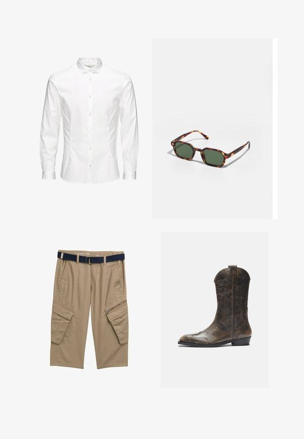 Chemise blanche à manches longues avec boutons, fabriquée dans un tissu lisse. Dotée d'un col classique, de boutons sur le devant et de poignets à un bouton. Design ajusté.; Shorts cargo beiges avec deux poches latérales, une poche zippée et une ceinture bleue marine. Fabriqués en tissu texturé avec une coupe décontractée.; Botte de cow-boy en cuir marron avec un long tige, un bout pointu, des motifs de couture complexes et un petit talon. Finition texturée tout au long.; Lunettes de soleil en écaille de tortue avec des verres verts, présentant une forme octogonale et des branches minces et courbées. Le matériau a une finition brillante.