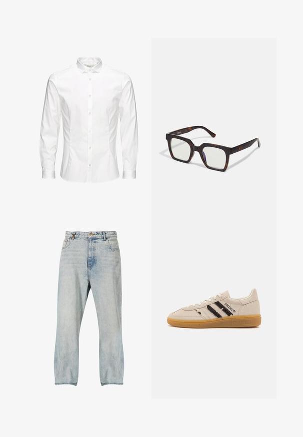 Bijela košulja dugih rukava s gumbima napravljena od glatkog materijala. Ima klasičan ovratnik, prednje gumbe i manžete s jednim gumbom. Dizajn u uskom kroju.; Svijetloplave traperice slobodnog kroja, s visokim strukom, kontrastnim šavovima i dizajnom s pet džepova. Glatka tekstura s izblijedjelim naglascima.; Bež antilop tenisice s crnim prugama i tekstom "Spezial", imaju teksturiranu gumu kao potplat i klasičan sustav vezanja.; Kvadratne naočale s okvirom od acetata u boji kornjačevine i prozirnim staklima. Imaju široka uha i mat finiš, što povećava ukupnu izdržljivost.; Srebrni prsten s ovalnim, teksturiranim okvirom i uzdignutim dekorativnim elementom. Složen ukras okružuje središnji dizajn.