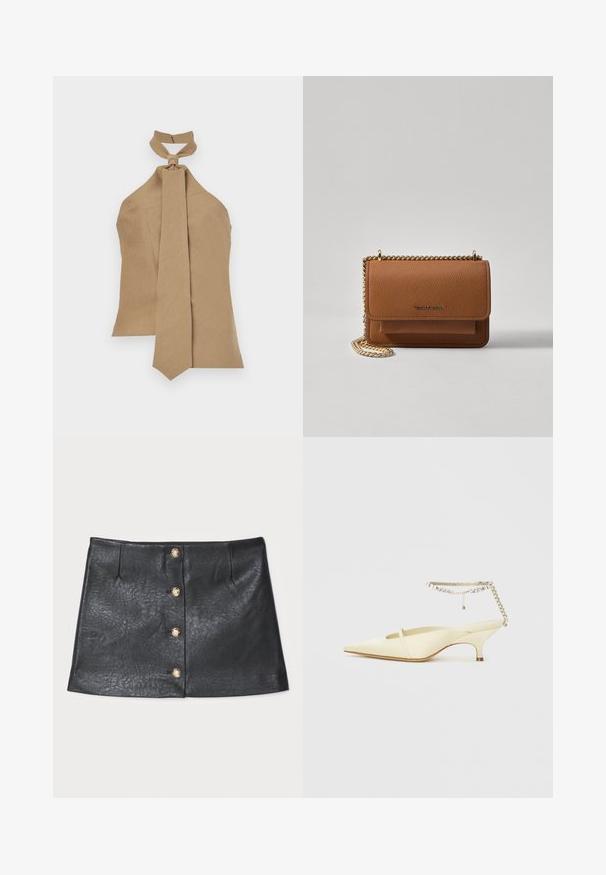 Kamelik halter-top kaelaotsaga ja pika, kitseneva sidemega. Valmistatud tekstureeritud kangast; tagaküljel on lukuga kinnitamine.; Mustast nahast mini-seelik, millel on stiilne disain, ees olev nupplukustus kuldsete aktsentidega ning tekstuuriga pind kergelt läikega.; Kitsaaste kollane satiinist slingback king, millel on madal konts ja dekoratiivne kett pahkluu rihm, millel on rhinestone'id. Sile tekstuur, minimaalne disain.; Pruun tekstureeritud nahk ristkeha kott kuldse ahelaga rihmaga ja klapiga sulgemine. Esiküljel on logo detail ja tasku klapi all.