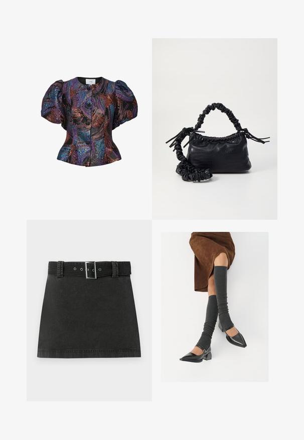 Puff-sleeved blouse in black with multicolored sequin patterns, featuring a rounded collar and front button closure. Textured fabric.; Black denim mini skirt with a matching belt featuring metallic buckle and belt loops, displayed flat on a white background.; Black patent leather pointed-toe shoes with a block heel and ankle strap, paired with gray ribbed leg warmers and a brown suede skirt.; Black faux leather handbag with a crocodile texture, cinched top, and a scrunched strap. Appears soft and compact in design.