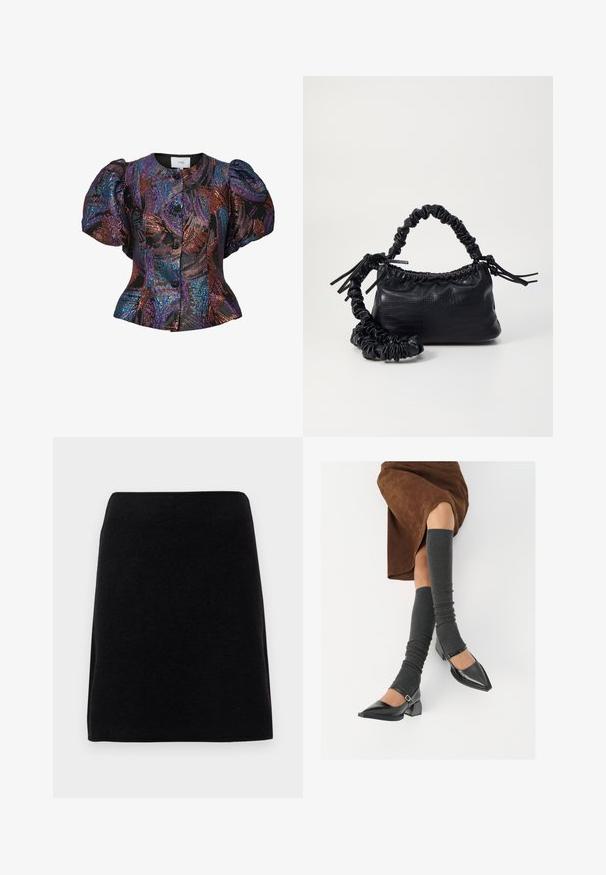 Mustrega musternukkadega mustas värvitud pluus, millel on ümar krae ja esipaneeli nööbid. Tekstuuriga kangas.; Musthave must Kleid, mis on valmistatud pehmest kangast, sirge lõikega ja viimistleme vöökohaga, ilma nähtavate kinnihoidjate või mustriteta.; Mustad patsaline odav värviga kingad, millel on kreen ja pahkluuring, on paaritatud hallide ribakudumitega sääremiidega ja pruunist nahast seelikuga.; Must must sünteetilisest nahast käekott, millel on krokodillimuster, kokku tõmmatav ülaosa ja kortsus rihm. Tundub pehme ja kompaktne disain.