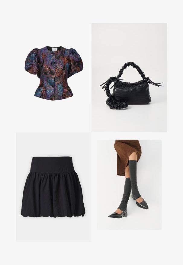 Juoda pūstų rankovių bluzelė su daugiaspalvėmis blizgučių raštais, apvali apykaklė ir mygtukų užsegimas priekyje. tekstūruotas audinys.; Juoda, iki kelių ilgio sijonas su plačiu, elastingu juosmeniu; turi susiraukšlėjimo dizainą, užtikrinantį apimtį, ir sklandžią, lengvą tekstūrą.; Juodi lakuoti odiniai batai su aštriu kuma ir bloko kulnu, derinami su pilkais riebiais kojų šildytuvais ir rudais zomšiniais sijonais.; Juodas dirbtinės odos rankinė su krokodilo tekstūra, sušnibždinta viršuje ir susikraipytu dirželiu. Atrodo minkšta ir kompaktiška.