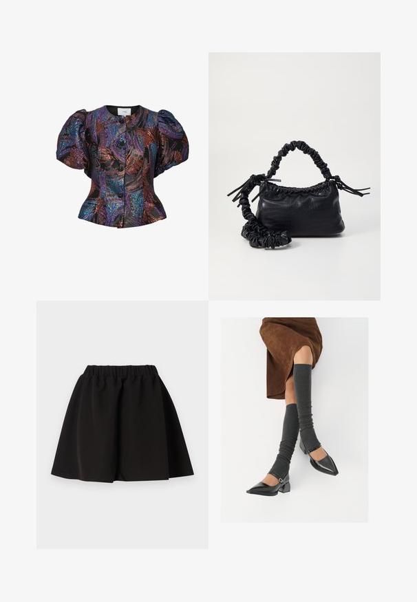 Blusa de mangas bufantes em preto com padrões de lantejoulas multicoloridas, apresentando um colarinho redondo e fecho de botão na frente. Tecido texturizado.; Saia preta, de corte evasê, feita de um tecido suave e elástico com uma cintura elástica. A bainha fica acima da metade da coxa, proporcionando facilidade de movimento.; Sapatos pretos de pele lacada com biqueira pontuda, salto bloco e tiras no tornozelo, combinados com caneleiras cinzas em malha e uma saia de camurça castanha.; Bolsa de mão em couro sintético preto com textura de crocodilo, topo franzido e alça enrugada. Apresenta um design suave e compacto.