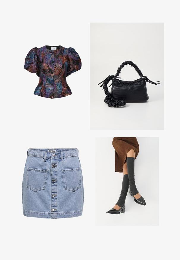 Mustrega musternukkadega mustas värvitud pluus, millel on ümar krae ja esipaneeli nööbid. Tekstuuriga kangas.; Helesinine denimikleit, mis sisaldab viit esist nuppu, kahte klapptaskut ja veidi kulunud tekstuuri. Labels on kirjas "ONLY."; Mustad patsaline odav värviga kingad, millel on kreen ja pahkluuring, on paaritatud hallide ribakudumitega sääremiidega ja pruunist nahast seelikuga.; Must must sünteetilisest nahast käekott, millel on krokodillimuster, kokku tõmmatav ülaosa ja kortsus rihm. Tundub pehme ja kompaktne disain.