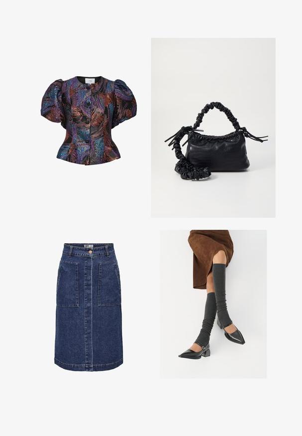 Melnā blūze ar pūkainām piedurknēm, kas rotāta ar daudzkrāsainiem sequīnu rakstiem, ar noapaļotu apkakli un priekšējo pogu aizdari. Strukturēts audums.; Tumši zilo džinsu A formas svārku ar divām lielām priekšējām kabatām, centrālo pogu aizdari un kontrastējošiem šuvju rakstiem.; Melnas laka ādas apavi ar norādītu purngalu, blokveida papēdi un potīšu jostu, saskaņoti ar pelēkām ribotām kāju sildītājām un brūnu zamšādas svārku.; Melnā mākslīgās ādas rokassoma ar krokodila rakstu, savilkta augšdaļa un saburzīta siksna. Izskatās mīksta un kompakta pēc dizaina.