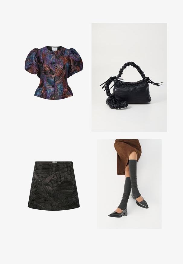Blusa de mangas abullonadas en negro con patrones de lentejuelas multicolores, que cuenta con un cuello redondo y cierre de botones en la parte delantera. Tejido texturizado.; Minifalda negra con diseño texturizado y plisado que presenta patrones geométricos. Forma recta con una cremallera oculta en la parte posterior.; Zapatos de charol negros con punta afilada, tacón bloque y tira de tobillo, combinados con calentadores de piernas de canalé grises y una falda de ante marrón.; Bolso de mano de imitación cuero negro con textura de cocodrilo, parte superior fruncida y correa arrugada. Presenta un diseño suave y compacto.