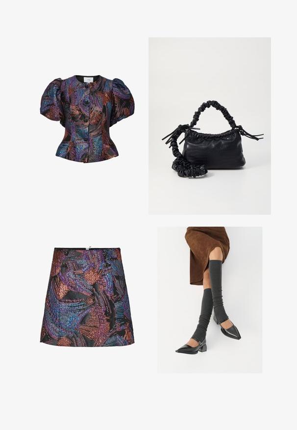 Bluză cu mâneci bufante, de culoare neagră, cu modele din paiete colorate, având un guler rotund și închidere cu nasturi în față. Material texturat.; Fustă mini metalică cu un model texturat în nuanțe vibrante de mov și bronz, având o bază neagră și butoane decorative pe talie.; Pantofi negri din piele lacuită, cu vârful ascuțit, toc bloc și curea la glezna, asortați cu jambiere gri cu nervuri și o fustă din suede maro.; Geantă din faux leather neagră cu textură de crocodil, cu partea superioară strânsă și o curea mototolită. Pare moale și compactă ca design.