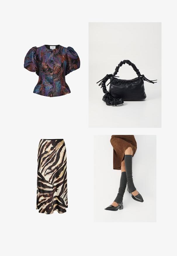 Bluse med puffærmer i sort med flerfarvede pailletmønstre, der har en rund krave og knaplukning foran. Struktureret stof.; Lang nederdel i let stof med et dristigt, abstrakt dyreprint i brune, sorte og cremefarver. Den har en glat tekstur og går til anklerne.; Sorte patenterede lædersko med spids tå, blokhæl og ankelrem, kombineret med grå ribbede benvarmere og en brun ruskinds nederdel.; Sort kunstlæder håndtaske med krokodilteksur, indsnøret top og en sammenkrøben rem. Ser blød og kompakt ud i designet.