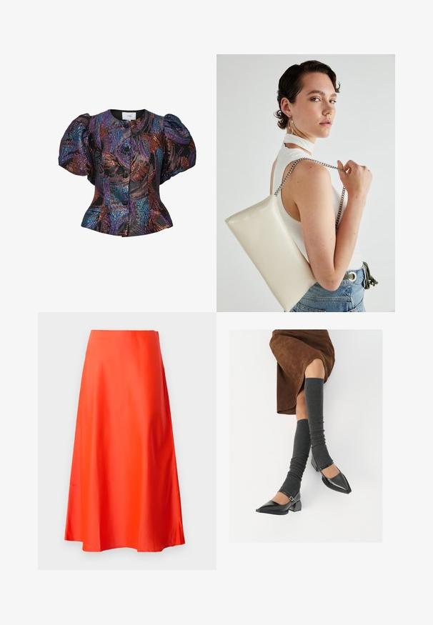 Blusa de mangas bufantes em preto com padrões de lantejoulas multicoloridas, apresentando um colarinho redondo e fecho de botão na frente. Tecido texturizado.; Saia midi em cetim vermelho com uma textura suave, silhueta em A e um leve efeito de flare na barra. Sem padrões ou adornos visíveis.; Sapatos pretos de pele lacada com biqueira pontuda, salto bloco e tiras no tornozelo, combinados com caneleiras cinzas em malha e uma saia de camurça castanha.; Bolsa de mão retangular branca, feita de material brilhante, com uma alça em corrente prateada. Modelo posa, exibindo a bolsa contra um fundo simples.