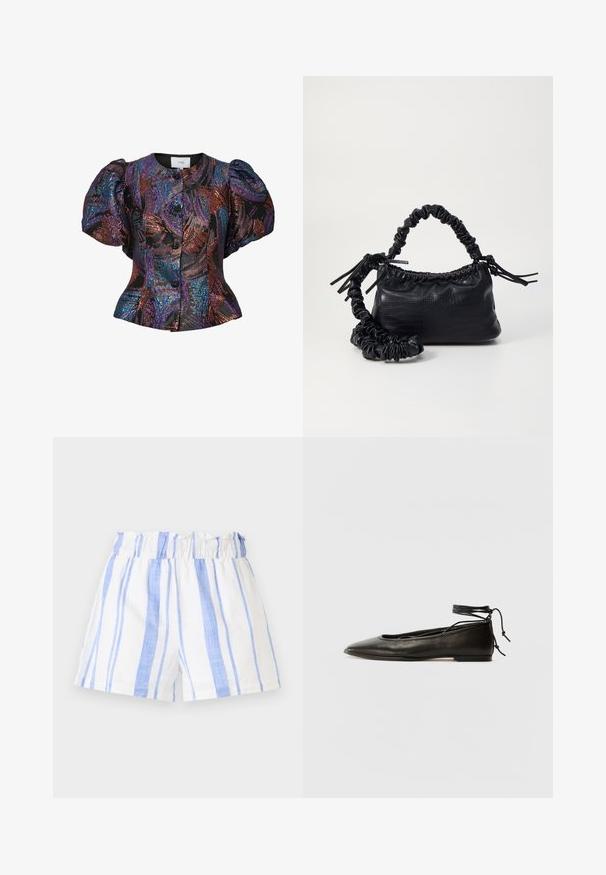 Svart blus med puffärmar och flerfärgade paljettmönster, med rund krage och knappstängning fram. Texturerad tyg.; Vita shorts med blå vertikala ränder, med en samlad elastisk midja och ett lätt, strukturerat tyg.; Svarta läderballetskor med spetsig tå, ankelsnöre och platt sula, med en slät yta och minimalistisk design.; Svart faux läderhandväska med krokodiltextur, snodd topp och en skrämd rem. Ser mjuk och kompakt ut i designen.