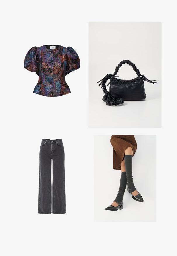 Bluse med puffermer i svart med flerfargede paljettmønstre, med rund krage og knappestolpe foran. Teksturt stoff.; Høyt midje svarte denimjeans med vide ben, med knappelukking, beltehemper og subtil fading langs stoffet.; Sorte lakkpumps med spiss tå, blokkhel, og ankelstropp, kombinert med grå ribbestrikkede beinvarmere og et brunt semsket skinn skjørt.; Svart faux skinn-håndveske med krokodilletekstur, strammet topp og en rynket stropp. Ser myk og kompakt ut i designen.