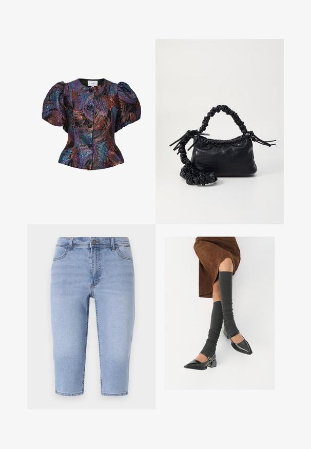 Blusa de mangas bufantes em preto com padrões de lantejoulas multicoloridas, apresentando um colarinho redondo e fecho de botão na frente. Tecido texturizado.; Calças de ganga de comprimento até ao joelho em azul claro, com cinco bolsos, passadores de cinto e fecho frontal com botão, apresentando um acabamento ligeiramente desbotado.; Sapatos pretos de pele lacada com biqueira pontuda, salto bloco e tiras no tornozelo, combinados com caneleiras cinzas em malha e uma saia de camurça castanha.; Bolsa de mão em couro sintético preto com textura de crocodilo, topo franzido e alça enrugada. Apresenta um design suave e compacto.