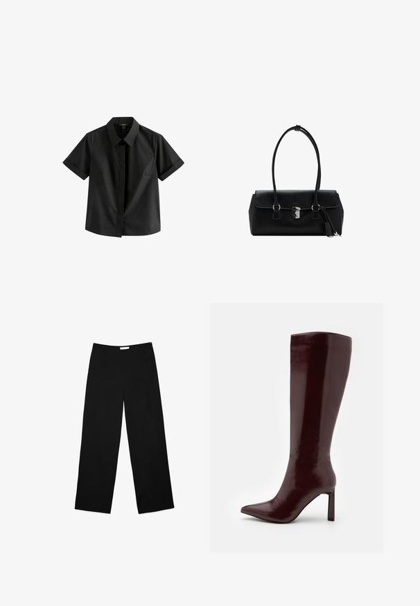 Kratka črna srajca z kratkimi rokavi iz gladkega blaga, ki ima ostre ovratnike, sprednjo zaporo s gumbi in subtilne bočne šive.; Široke hlače iz črne tkanine, z gladko teksturo, čisto zasnovo in skritim zadrgo ob strani za zapiranje.; Even&Odd Škornji - dark red; Črna usnjena torbica z gladko teksturo, strukturirano zasnovo, dvema ročkama in s srebrnim sponko na sredini.