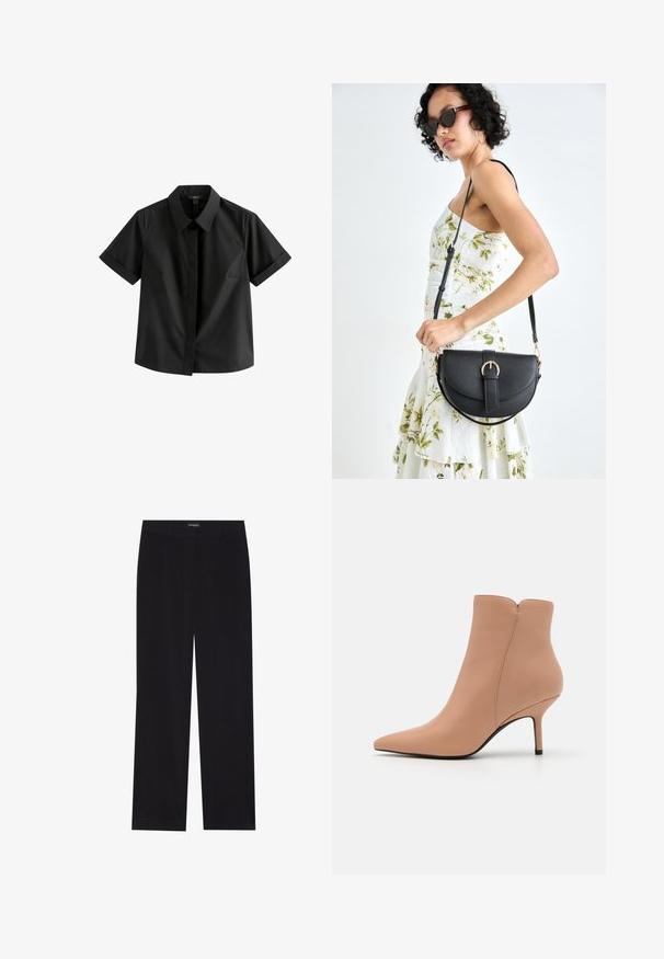 Lühikeste varrukatega must särk, mis on valmistatud siledast kangast, millel on terav krae, ees nööbiga kinnitamine ja peened külgeõmblused.; Mustad sametpüksid sirge lõikega, lame vöökoht, ilma nähtavate taskuteta, sile tekstuur ja vertikaalne soonikute detail.; Beež nahast pahkluu saapad terava ninaga ja stiletto kontsaga. Sile tekstuur, tõmblukk taga ja istuv disain.; Mustmust mustraha kõverate joontega, eemaldatava rihmaga ja kuldsete detailidega. Kotil on klapp, millel on pandladetail.